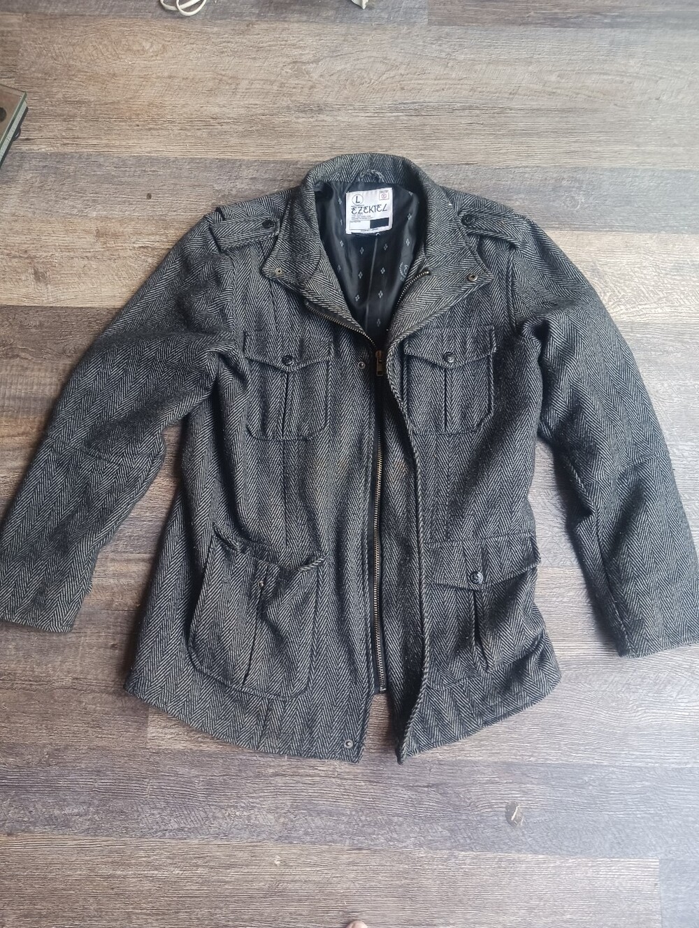Ezekiel L Jacket Zip Up Pocket Black Charcoal Wool Blend